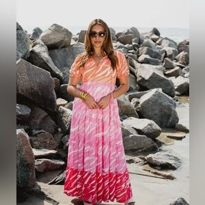 Women’s Orange & Pink Maxi Dress - Stylish Tiered Print